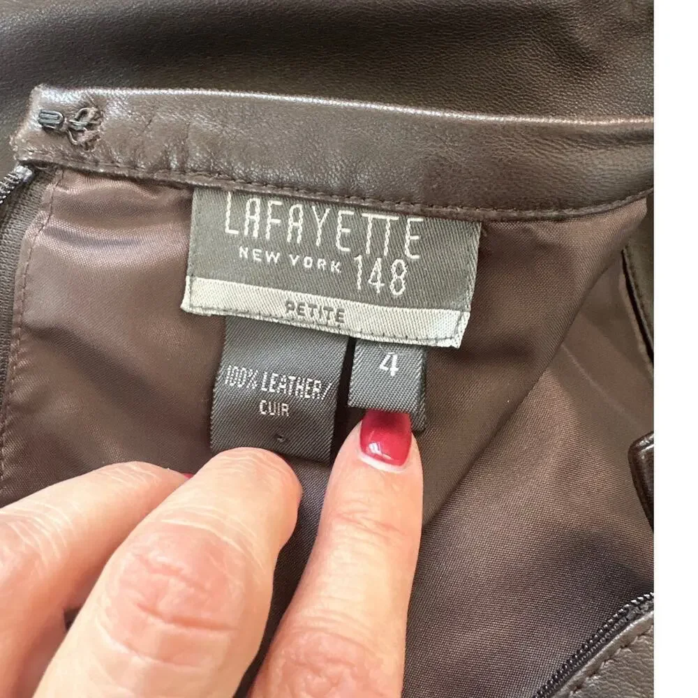 Lafayette 148 NY 100% Full Grain Brown Leather Pencil Skirt, Size 4P, Like New